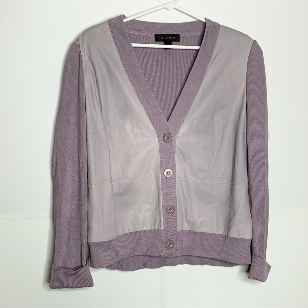 St John Large Purple Cardigan Wool Silk Leather